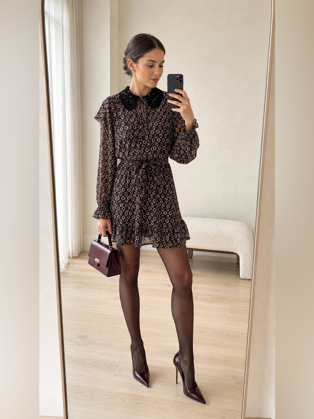 Maje Printed Mini Shirt Dress Black Silk Blend Beaded Collar Belted Size 36